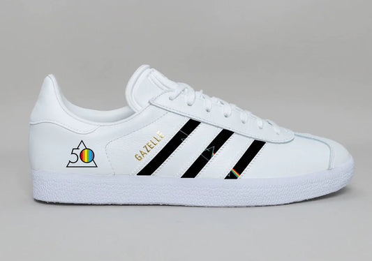 Limited edition Pink Floyd The Dark side of the moon 50th anniversary custom adidas originals white Gazelle trainers / sneakers