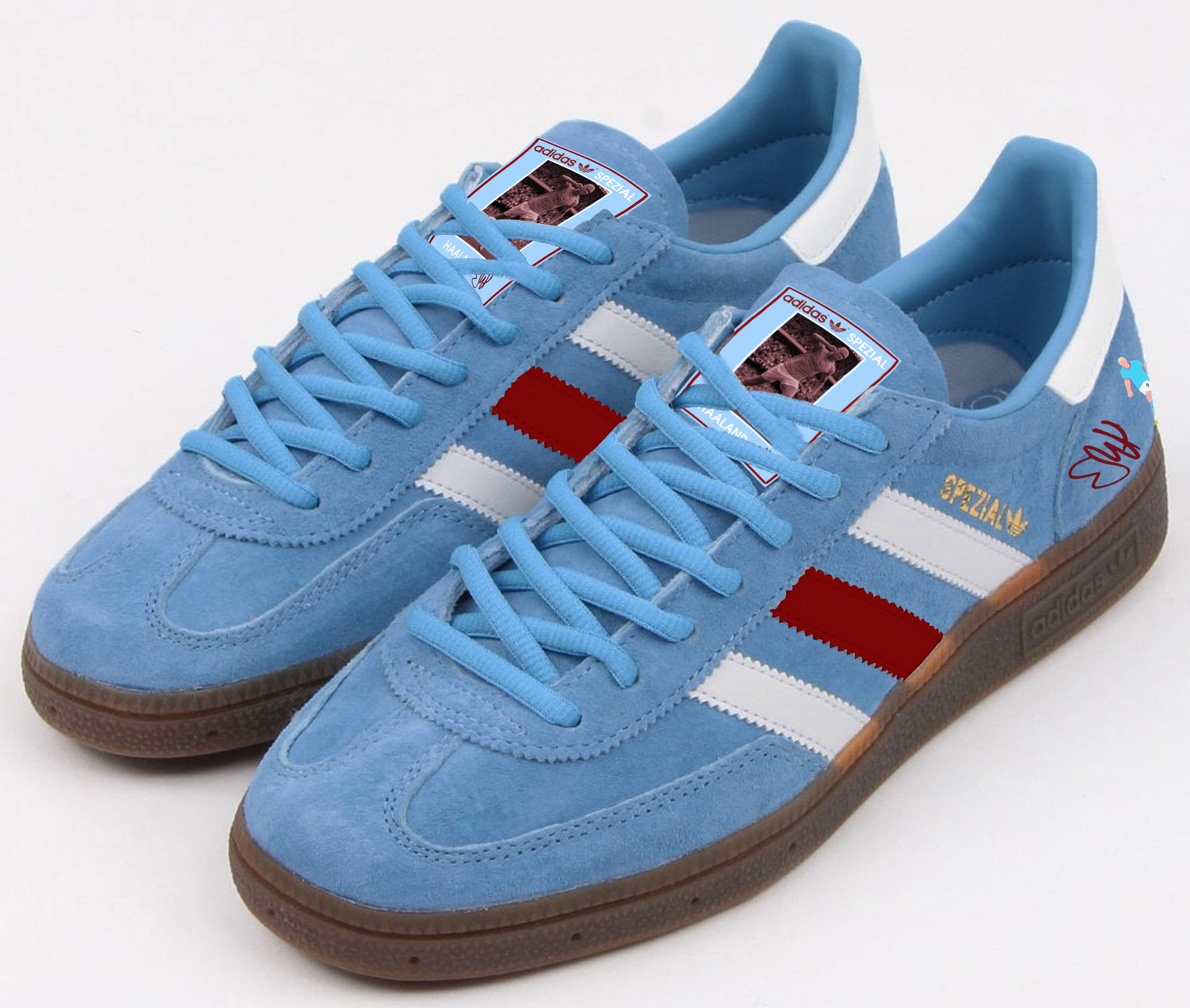 Limited edition Manchester City Erling Haaland inspired blue/ white / burgundy Adidas custom Handball Spezial trainers / sneakers