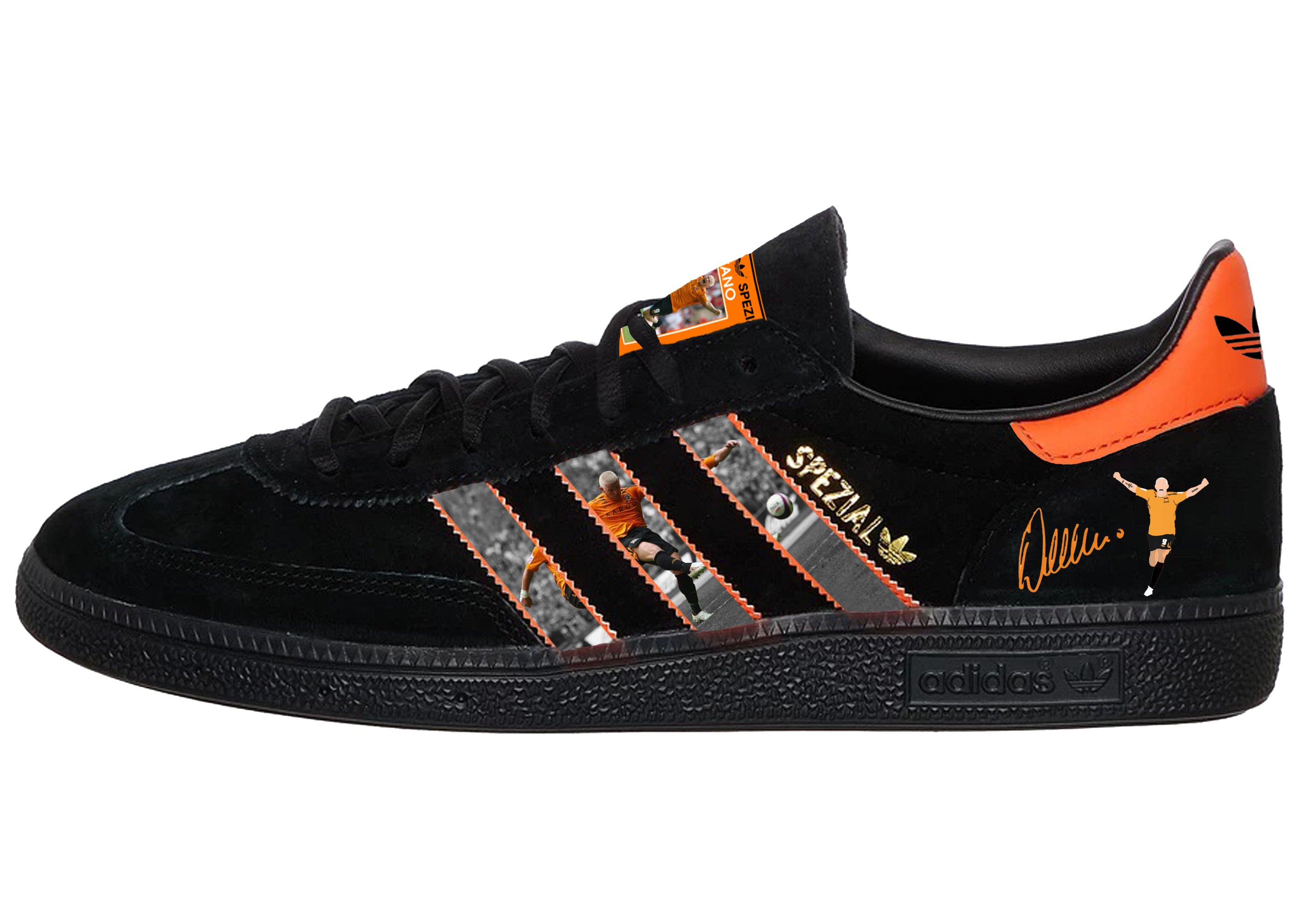 Limited edition Hull City FC Dean Windass inspired black / orange suede Adidas Handball Spezial trainers / sneakers