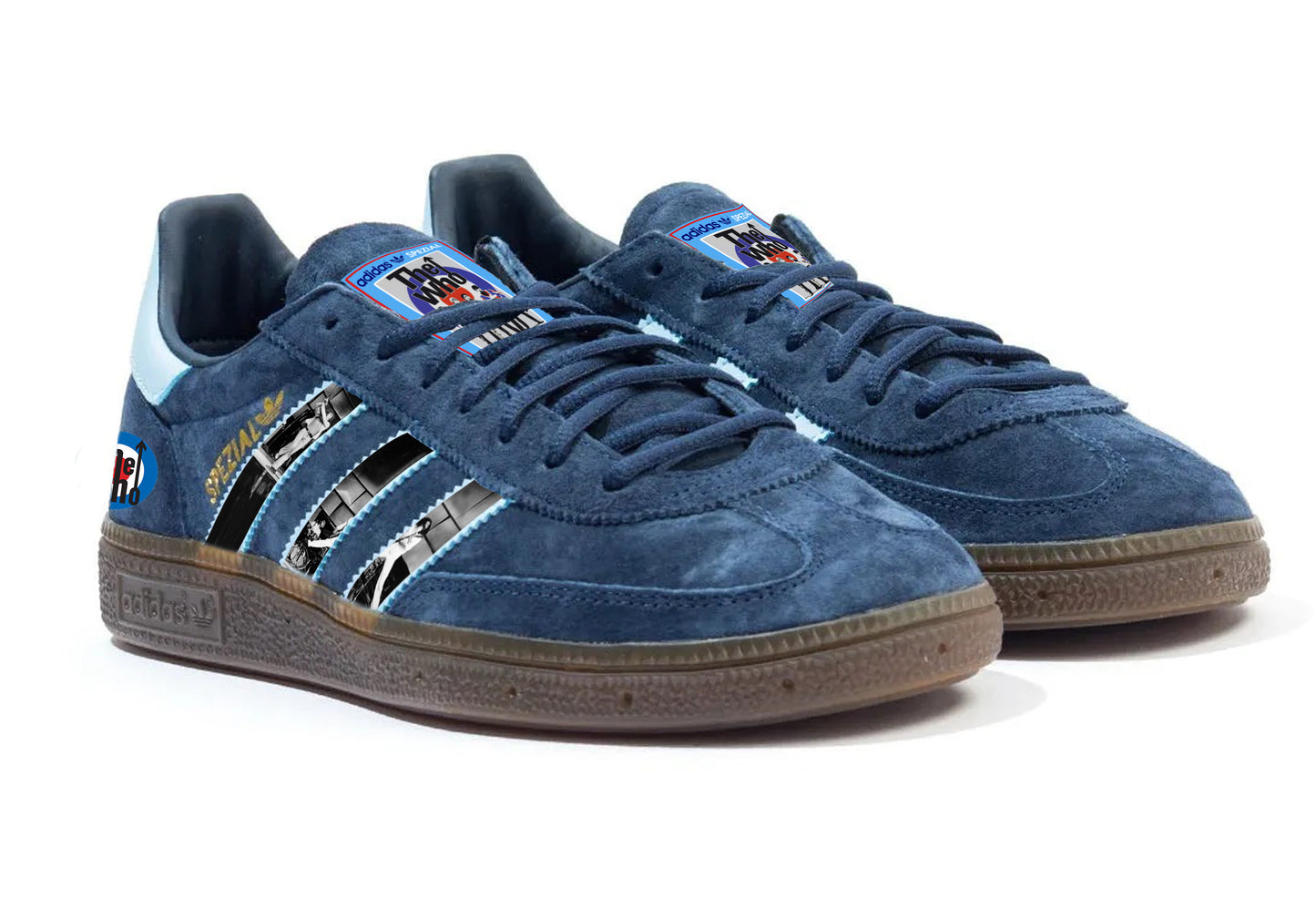 Limited edition The Who inspired navy blue /sky blue Adidas custom Handball Spezial trainers / sneakers.