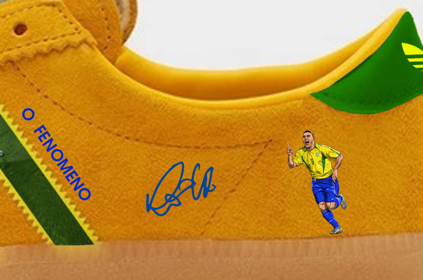 Limited edition Brazil Ronaldo 9 yellow / green suede adidas originals Sunshine trainers by Sneak customs