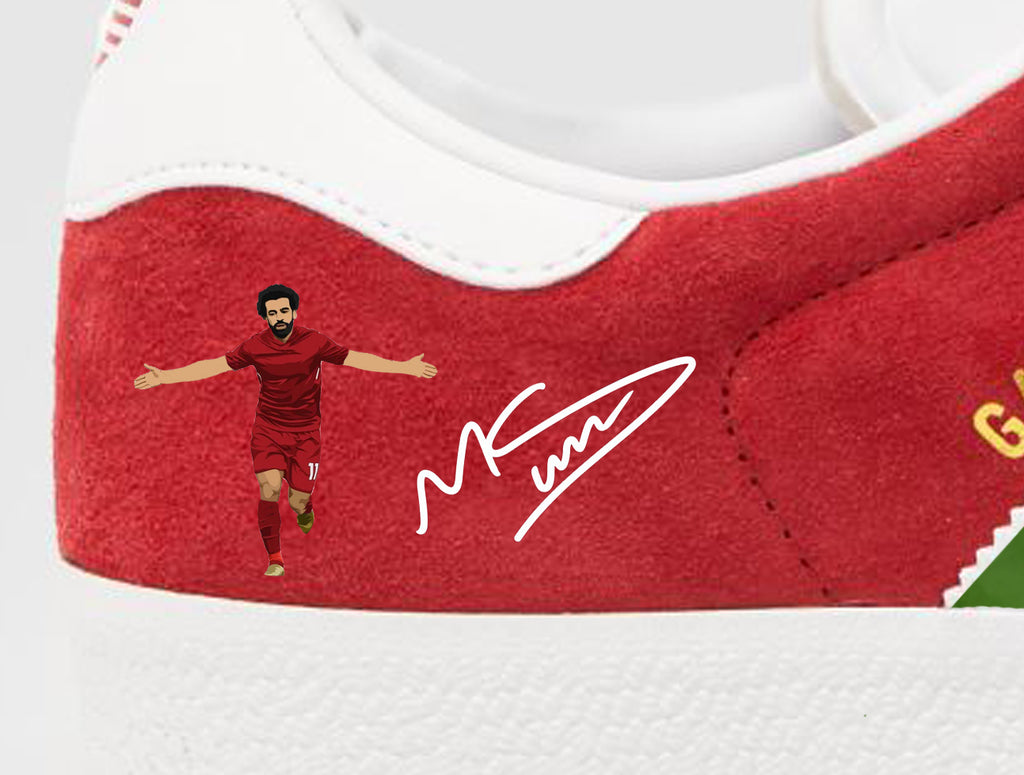 Limited edition Liverpool FC Mo Salah inspired red / white Adidas custom Gazelle trainers / sneakers