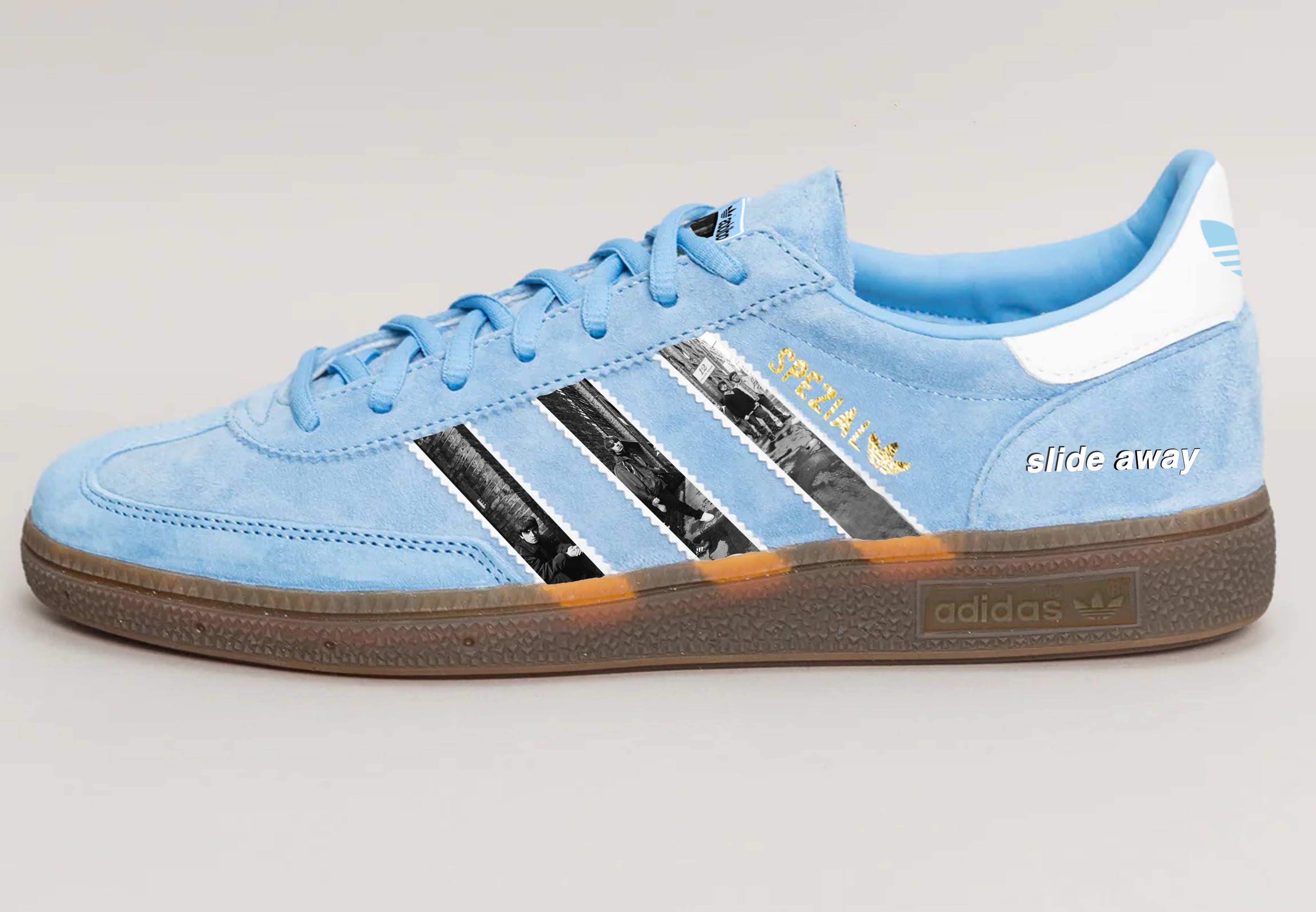 Limited edition Oasis Slide Away inspired blue /white  Adidas custom Handball Spezial trainers / sneakers