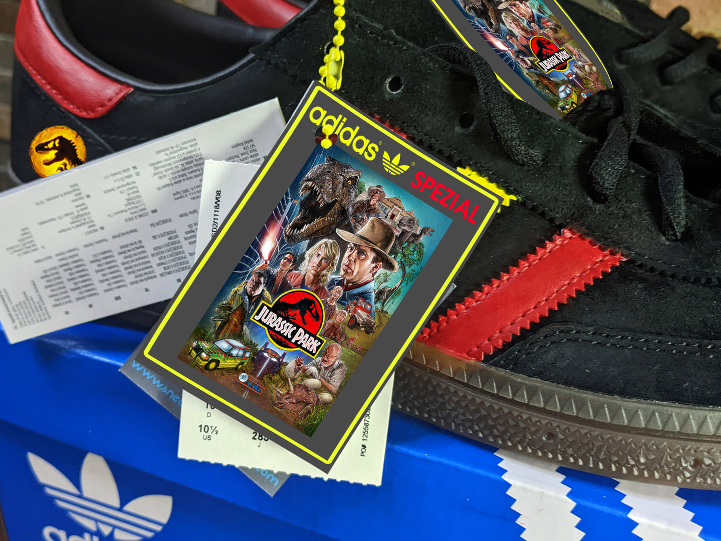 Limited edition Jurassic Park inspired black / red/ yellow Adidas custom Handball Spezial trainers / sneakers