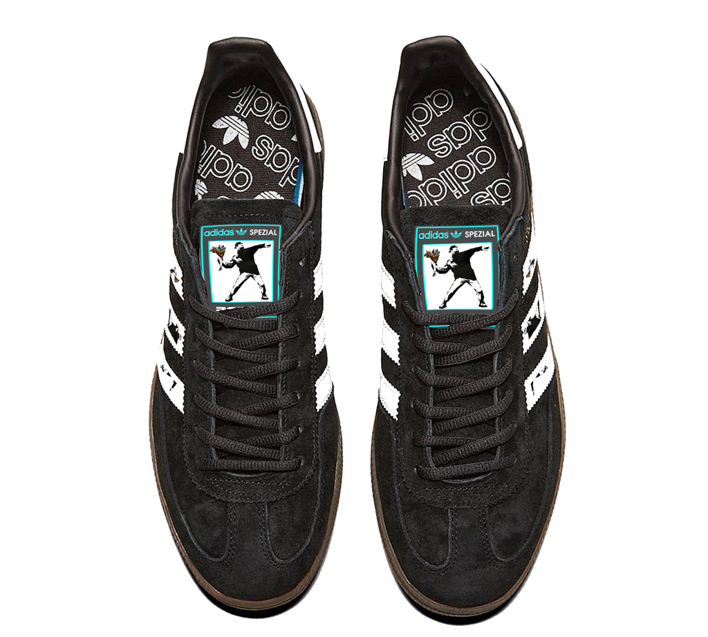 Limited edition Banksy Flower Thrower black/ white/ turquoise Adidas custom Handball Spezial trainers / sneakers