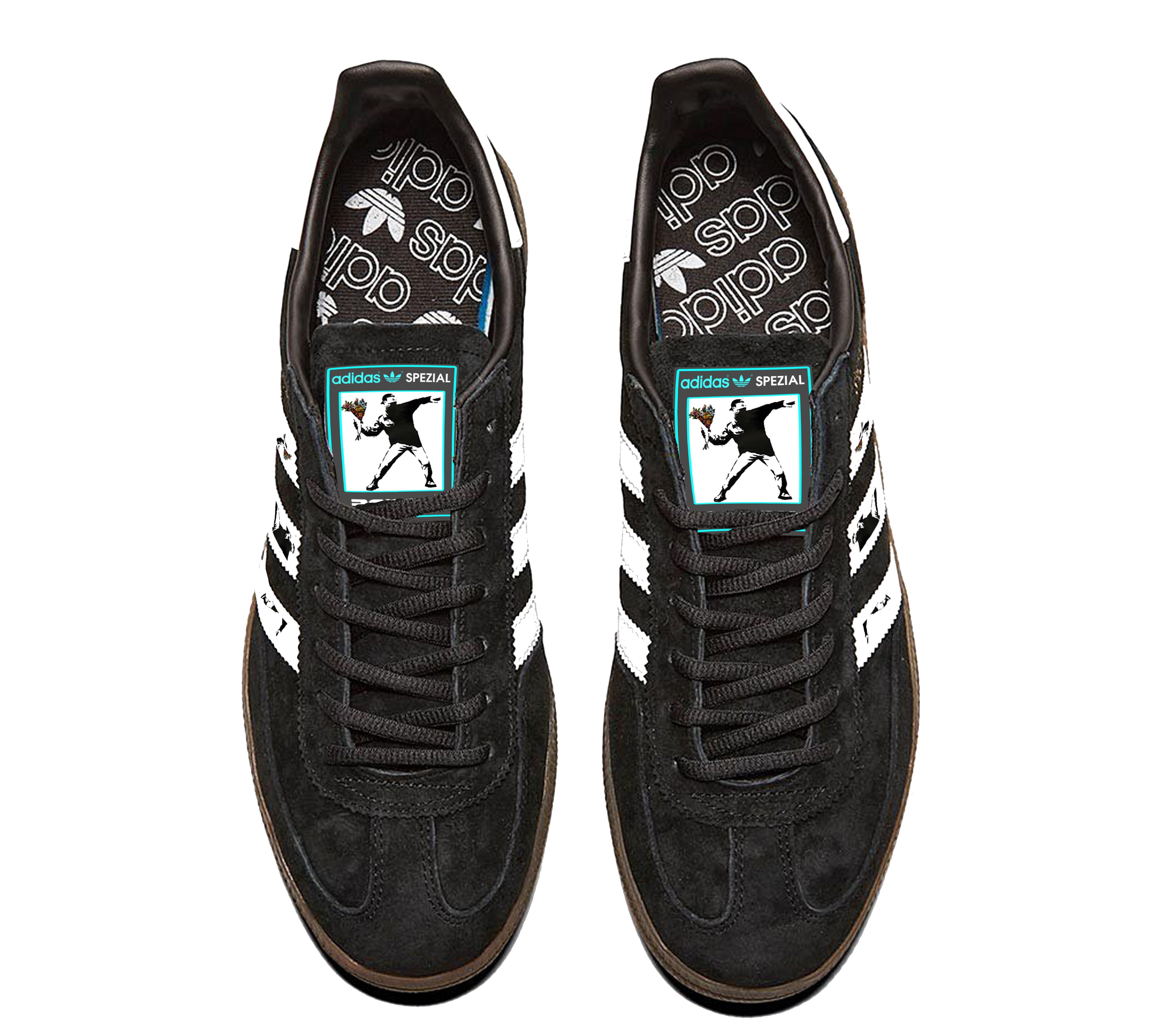 Limited edition Banksy Flower Thrower black/ white/ turquoise Adidas custom Handball Spezial trainers / sneakers