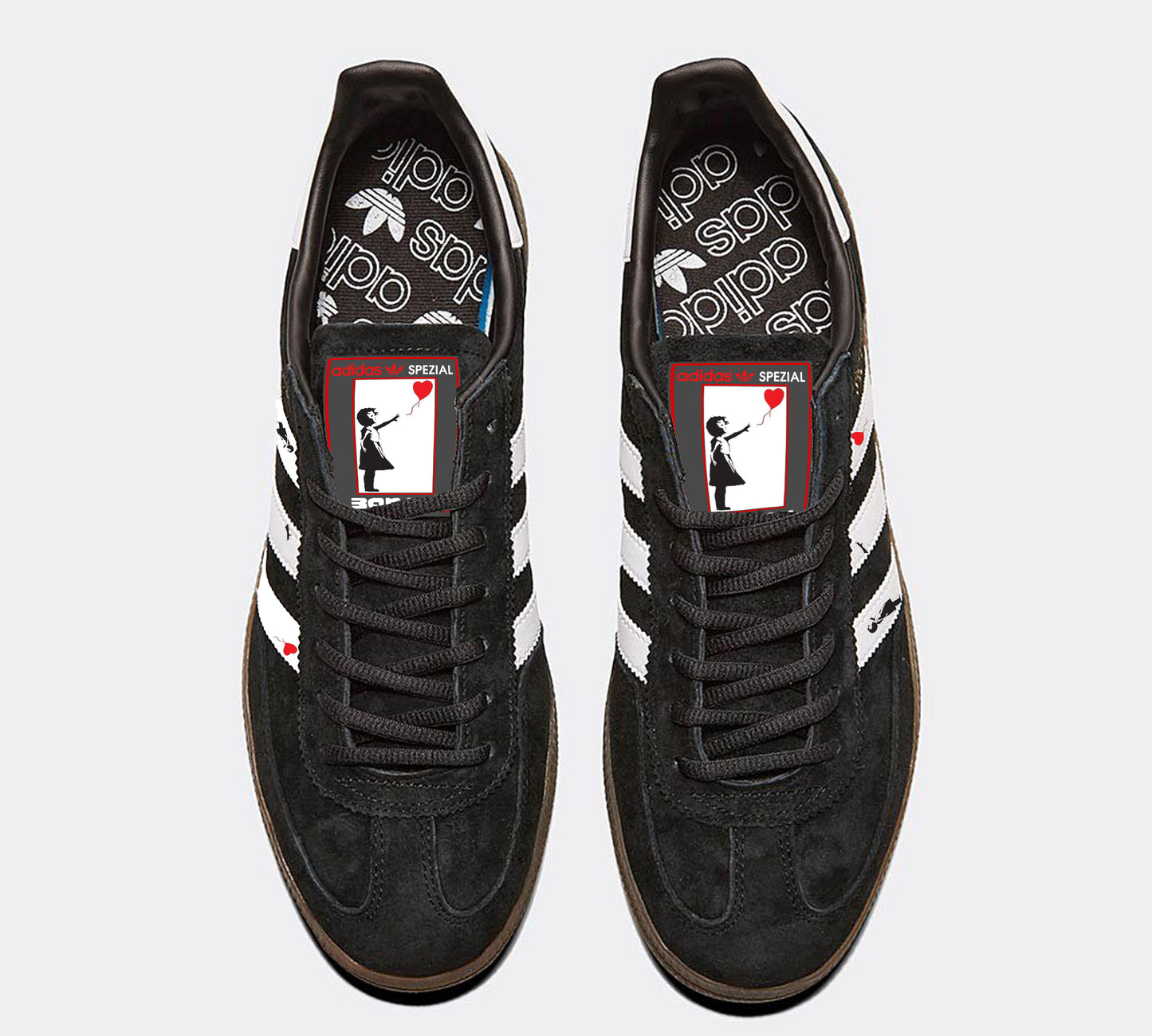 Limited edition Banksy Balloon Girl black/ white/ red Adidas custom Handball Spezial trainers / sneakers