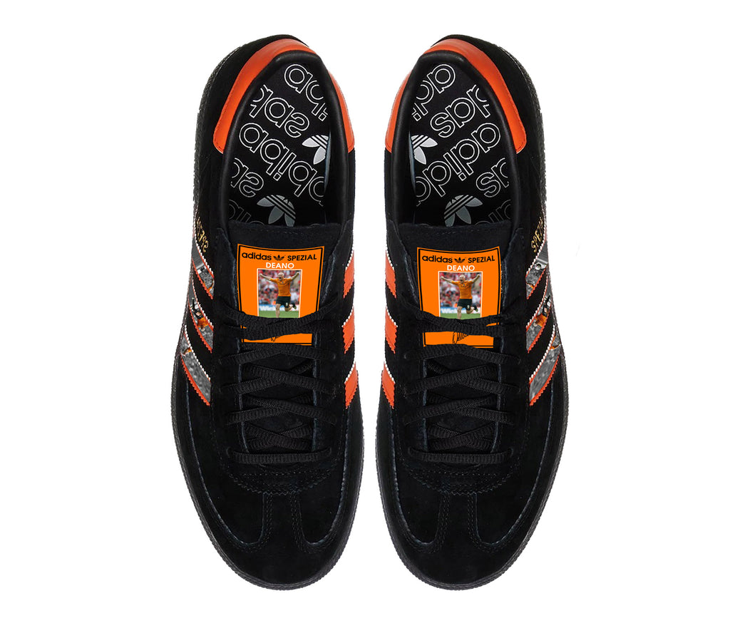 Limited edition Hull City FC Dean Windass inspired black / orange suede Adidas Handball Spezial trainers / sneakers