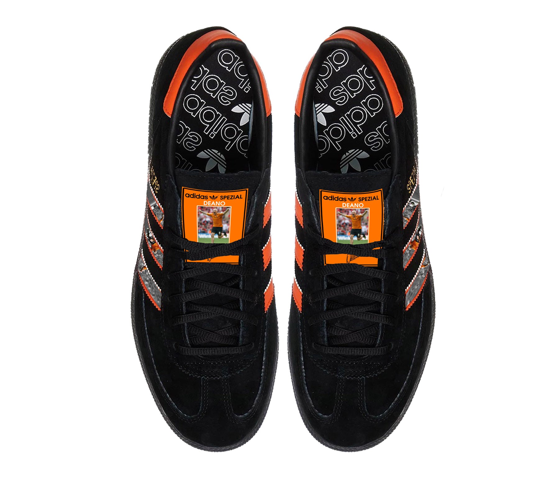 Limited edition Hull City FC Dean Windass inspired black / orange suede Adidas Handball Spezial trainers / sneakers