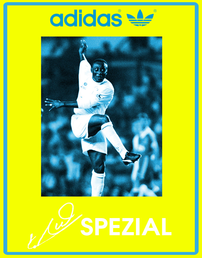 Limited edition Leeds United FC retro Tony Yeboah inspired blue /yellow Adidas custom Handball Spezial trainers / sneakers