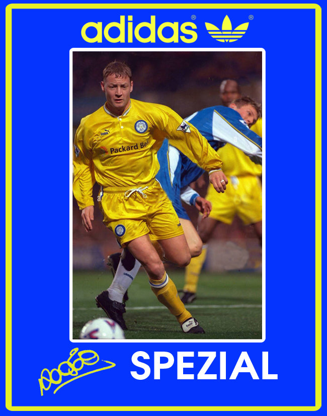 Limited edition Leeds utd FC retro David  Batty inspired blue / yellow suede adidas handball spezial trainers