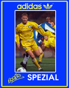 Limited edition Leeds utd FC retro David  Batty inspired blue / yellow suede adidas handball spezial trainers